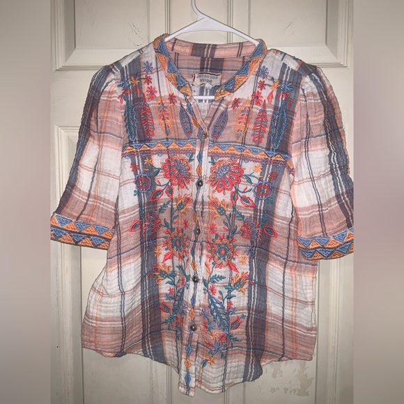 Johnny was plaid heavily embroidered button up floral casual boho cotton winter - Picture 2 of 11